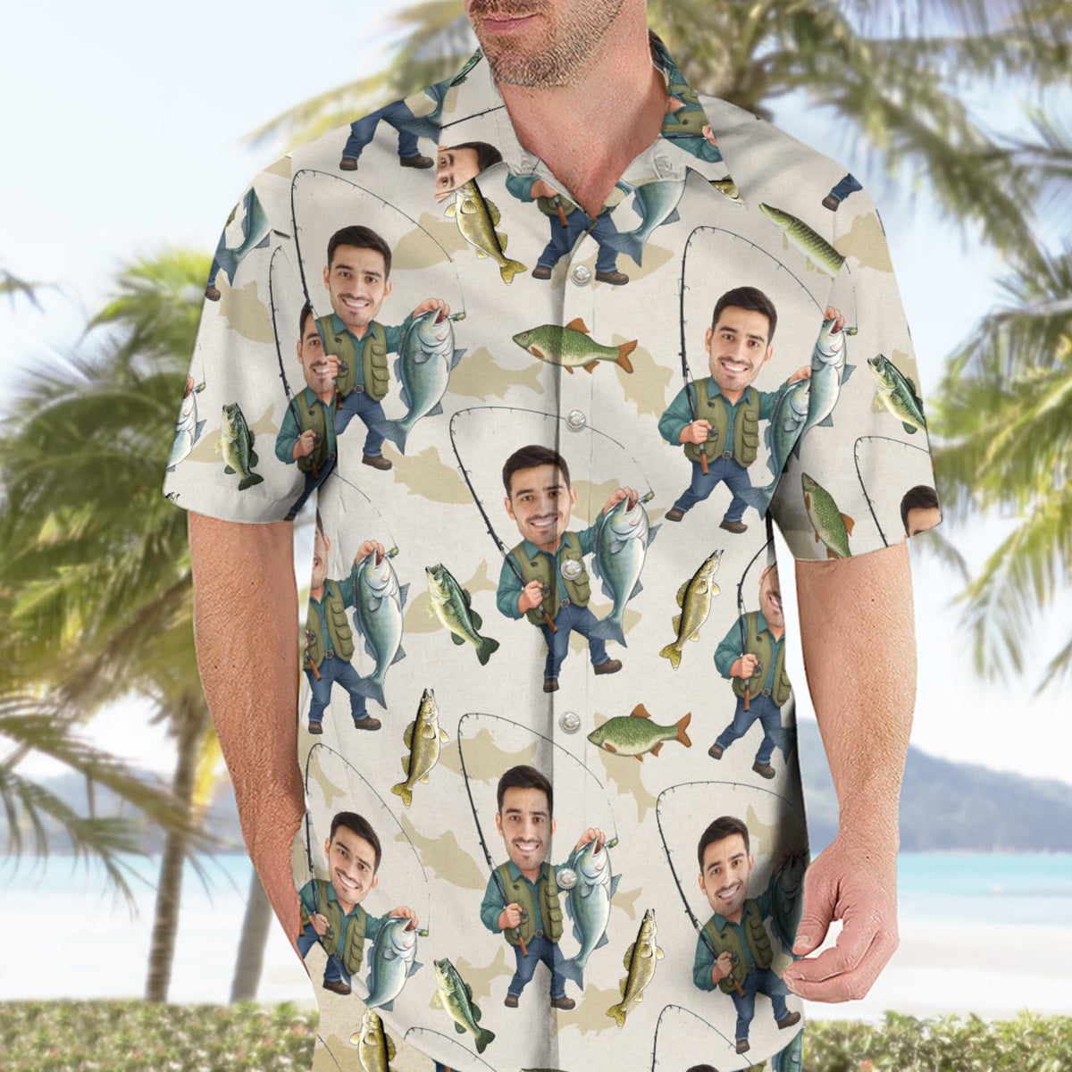 Custom Face Bass Fishing Hawaiian Shirt, Fishing Lover Summer Shirt, Hawaii Shirt, Summer Party Gift, Fishing Hawaii Shirt, Gift Fisherman
