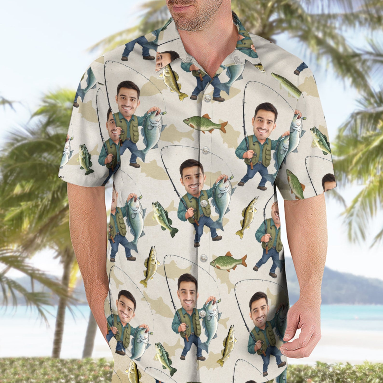 Custom Face Bass Fishing Hawaiian Shirt, Fishing Lover Summer Shirt, Hawaii Shirt, Summer Party Gift, Fishing Hawaii Shirt, Gift Fisherman