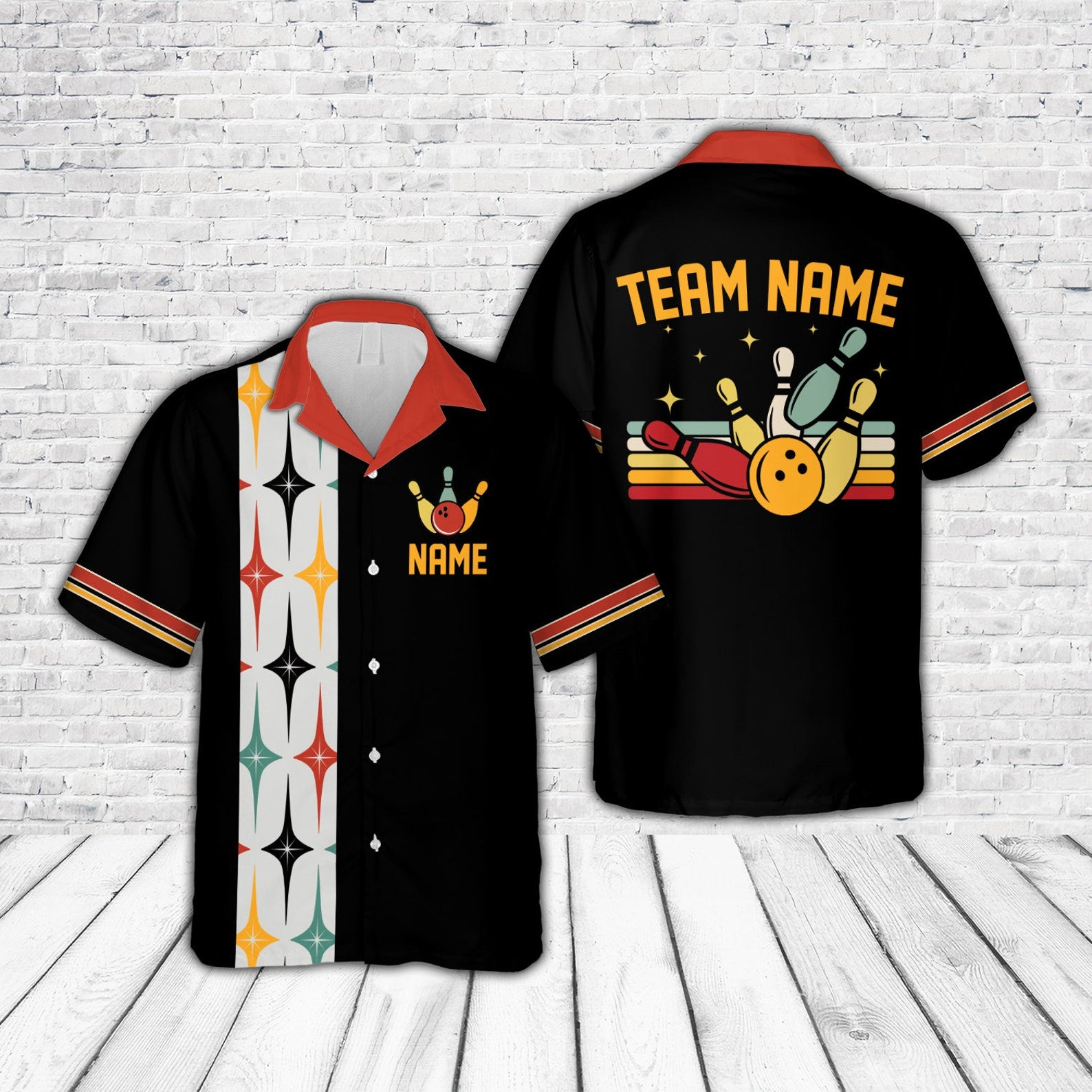 Personalized Retro Starbust Bowling Hawaiian Shirt, Custom Name Bowler Button Down Shirt, Matching Bowling Team Shirt, Bowling Lover Gift