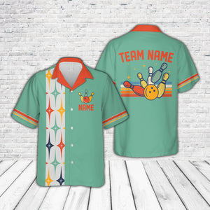 Personalized Retro Starbust Bowling Hawaiian Shirt, Custom Name Bowler Button Down Shirt, Matching Bowling Team Shirt, Bowling Lover Gift