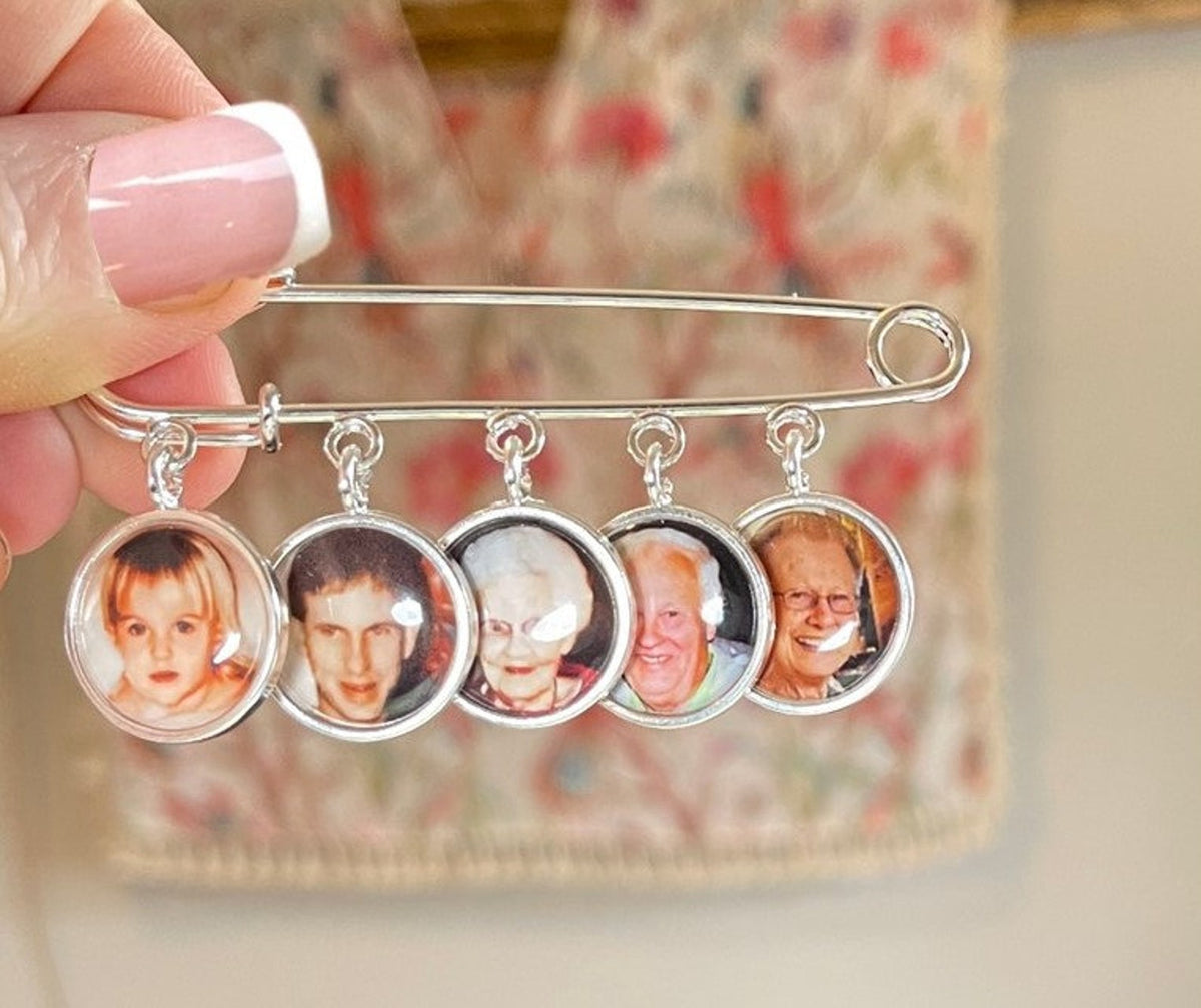 Memorial Photo Lapel Pin Gift for groom from bride has picture on front and a personalized message on the back for 1, 2 , 3 , 4 or 5 charms
