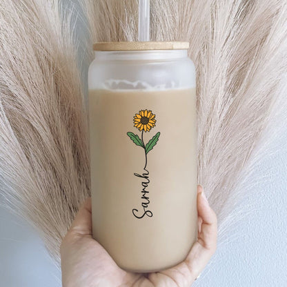 Sunflower Glass Tumbler, Personalized Sunflower Glass Can, Sunflower Lover Coffee Cup, Custom Name Sunflower Glass Can, Sunflower Coffee Cup
