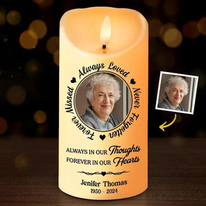 Custom Photo Always In Our Thoughts Memorial, Personalized Custom LED Candle, Christmas Gift, Sympathy Gift For Family Members, Custom Gifts