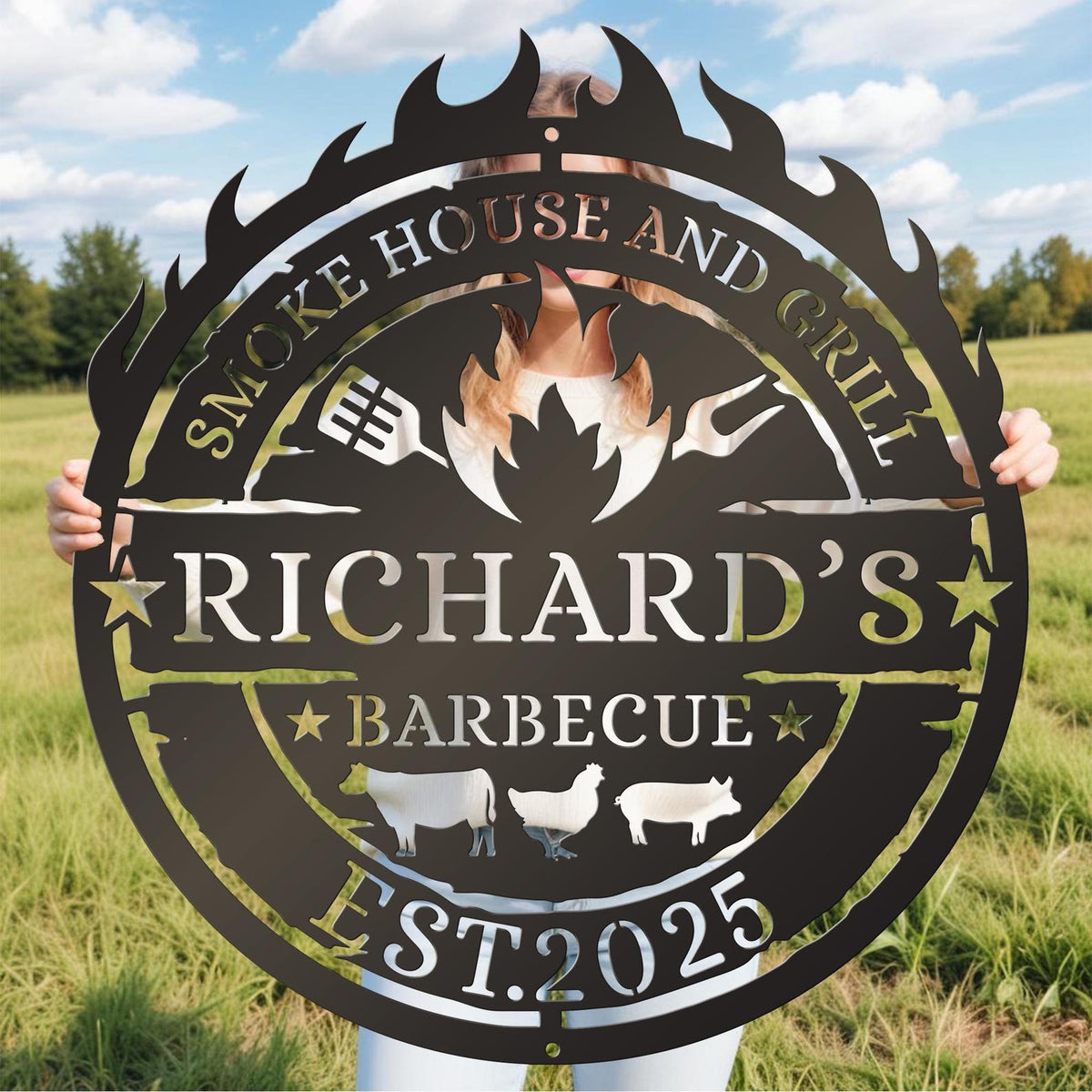 Personalized Metal BBQ Sign Custom Smoke House & Grill Wall Art Outdoor Kitchen Decor Gift for Grill Master, Father's Day Gift For Father, Grandfather - Garden BBQ Plaque