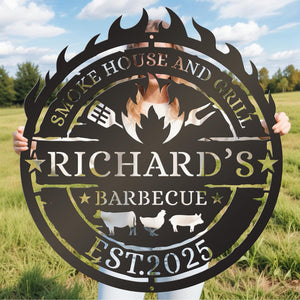 Personalized Metal BBQ Sign Custom Smoke House & Grill Wall Art Outdoor Kitchen Decor Gift for Grill Master, Father's Day Gift For Father, Grandfather - Garden BBQ Plaque
