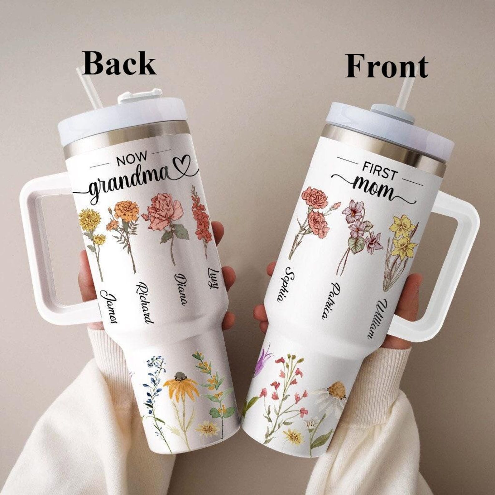 Personalized First Mom now Grandma 40 Oz Tumbler With Children and Grandkids' Names, Birth month flower, Gift For Grandma, Mother's Day Gift