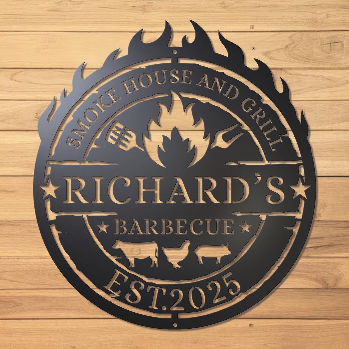 Personalized Metal BBQ Sign Custom Smoke House & Grill Wall Art Outdoor Kitchen Decor Gift for Grill Master, Father's Day Gift For Father, Grandfather - Garden BBQ Plaque