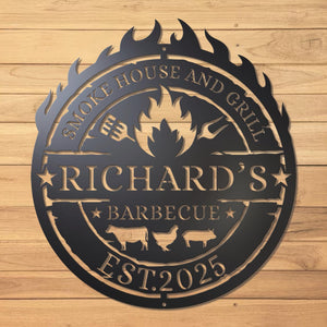 Personalized Metal BBQ Sign Custom Smoke House & Grill Wall Art Outdoor Kitchen Decor Gift for Grill Master, Father's Day Gift For Father, Grandfather - Garden BBQ Plaque