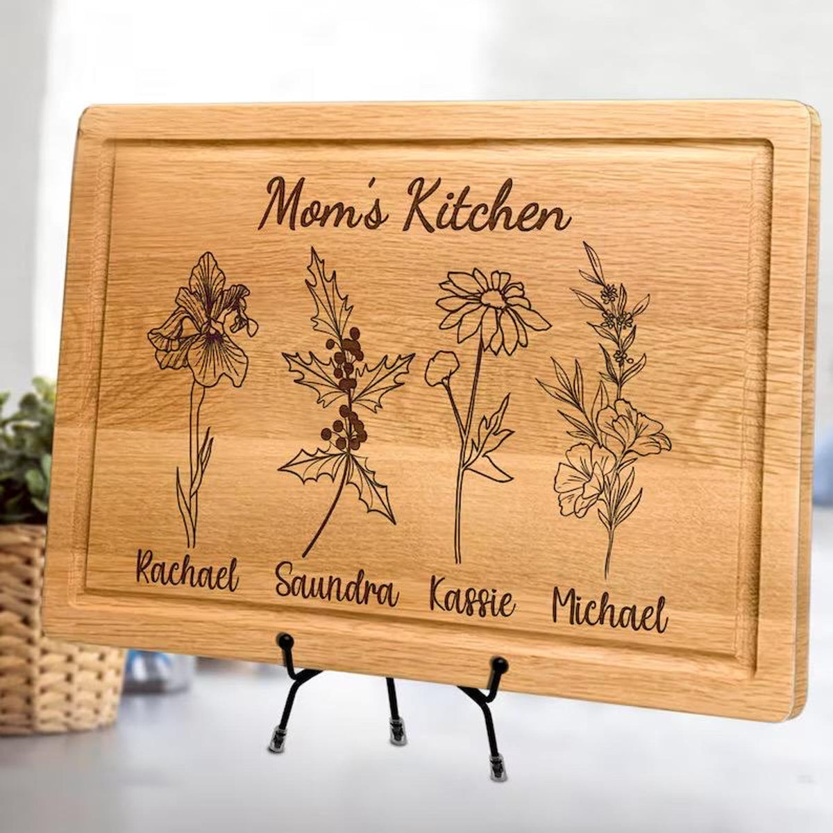 Personalized Cutting Board Wedding Gift, Bamboo Birthflower Board, Unique Valentines Day Gift, Bridal Shower, Engraved Engagement Present
