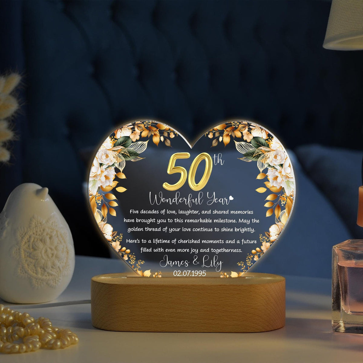 Custom 50th Anniversary Lamp Wooden Base, Golden Wedding Gifts, 50 Year Anniversary Gifts For Parents, 50th Wedding Anniversary Gifts
