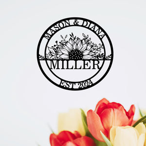 Personalized Wedding Sign, Family Name Sign with Sunflowers, Custom Last Name Established Sign, Anniversary Couple Gift, Metal Wall Art