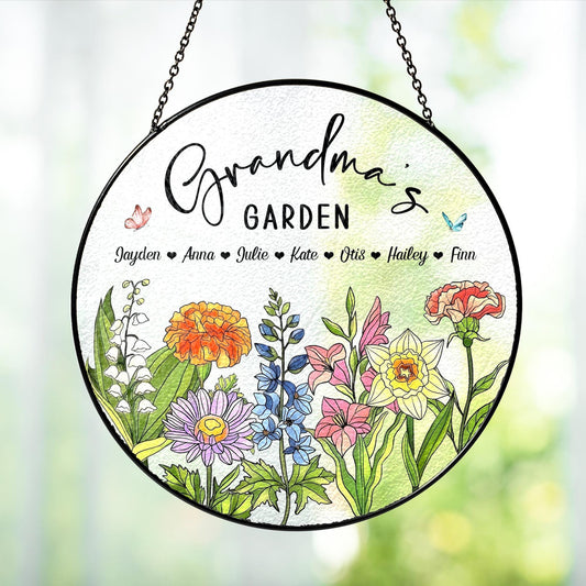 Personalized Birth Flowers Glass Art Suncatcher, Grandma's Garden Gift, Mother's Day Gift, Grandma Gift From Grandkids, Wall Window Decor