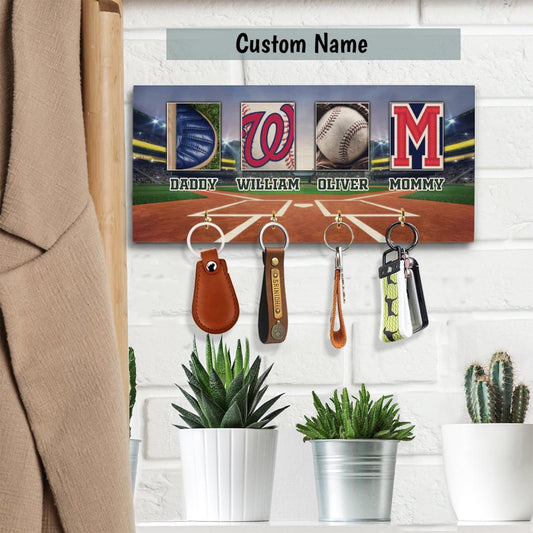 Personalized Baseball Family Key Holder, Key Holder for Wall, Wooden Key Holder, Key Hook, New Home Family Gift, Housewarming Gift