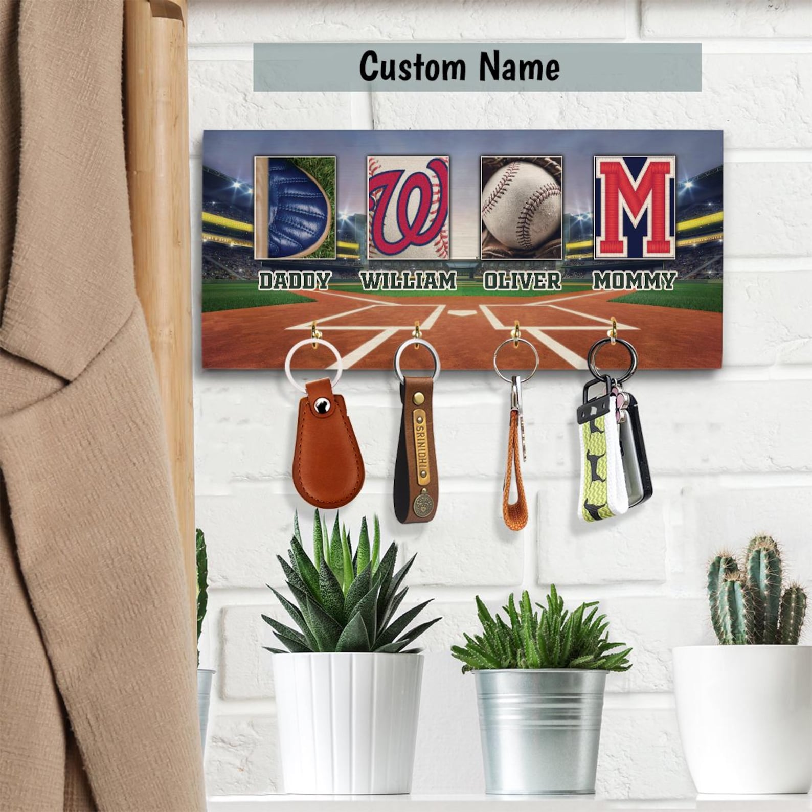 Personalized Baseball Family Key Holder, Key Holder for Wall, Wooden Key Holder, Key Hook, New Home Family Gift, Housewarming Gift