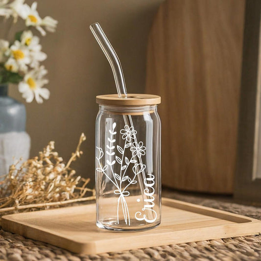 Personalized Birth Flower Glass Cup With Name, Iced Coffee Glass, Birth Flower Gift, Bridesmaid Proposal, Flower Girl Proposal