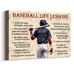 Personalized Baseball Life Lessons Canvas with Custom Name and Number Inspirational Wall Art for Players and Fans