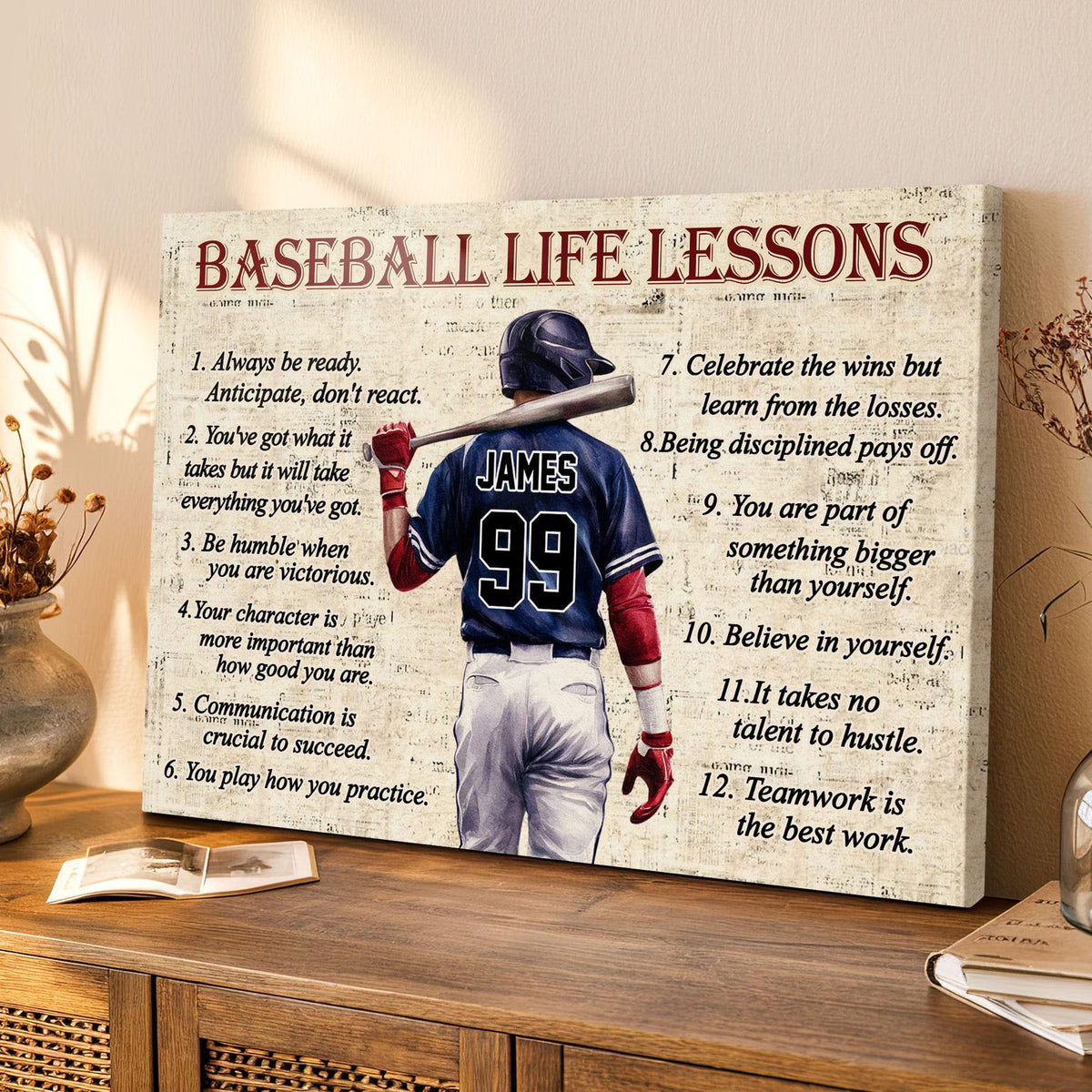 Personalized Baseball Life Lessons Canvas with Custom Name and Number Inspirational Wall Art for Players and Fans