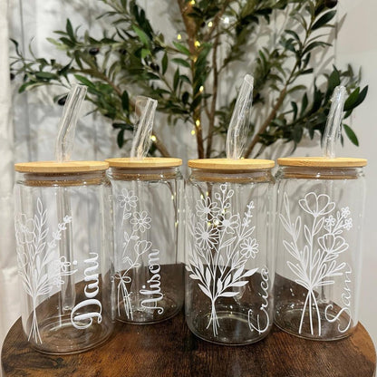 Personalized Birth Flower Glass Cup With Name, Iced Coffee Glass, Birth Flower Gift, Bridesmaid Proposal, Flower Girl Proposal