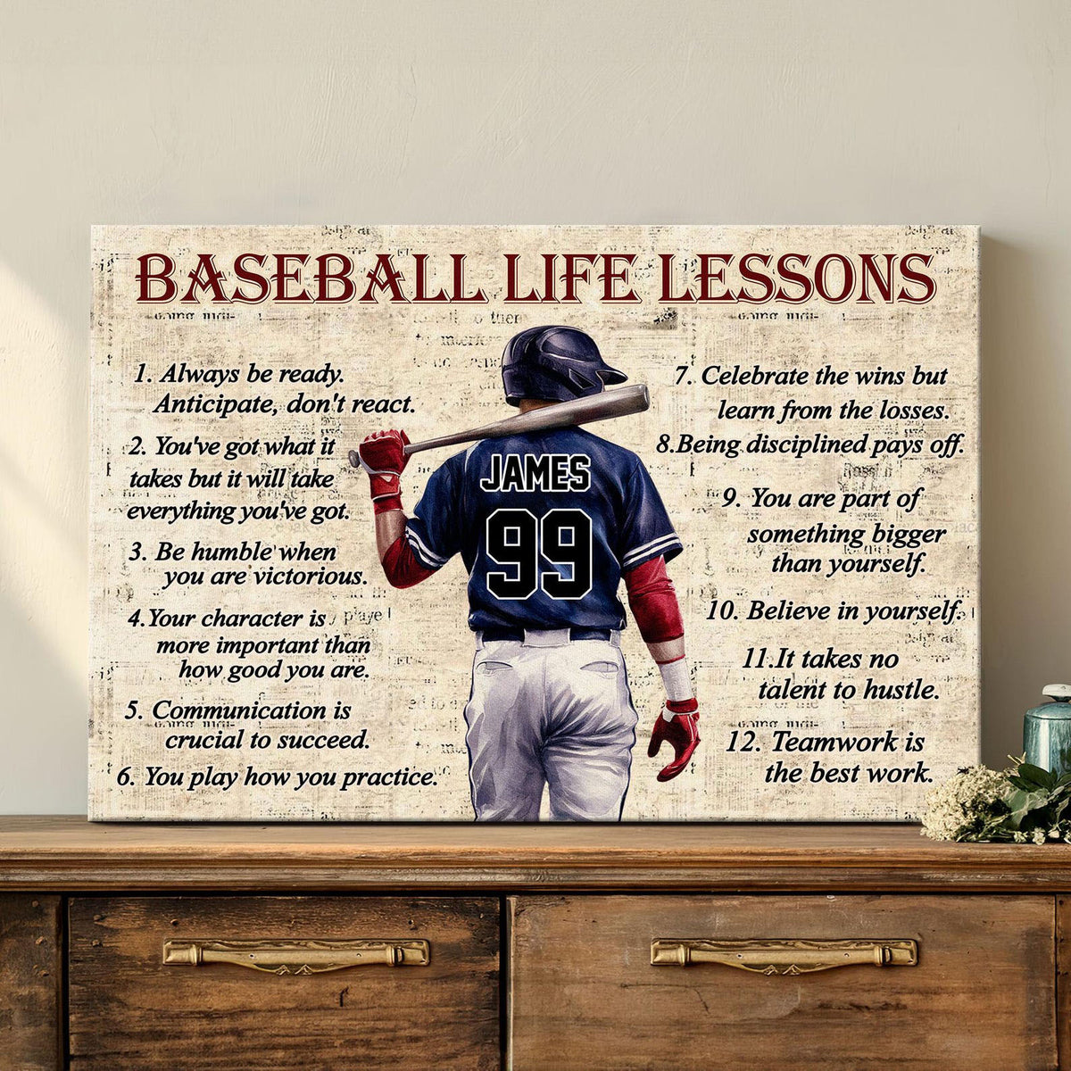 Personalized Baseball Life Lessons Canvas with Custom Name and Number Inspirational Wall Art for Players and Fans