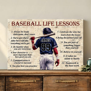 Personalized Baseball Life Lessons Canvas with Custom Name and Number Inspirational Wall Art for Players and Fans