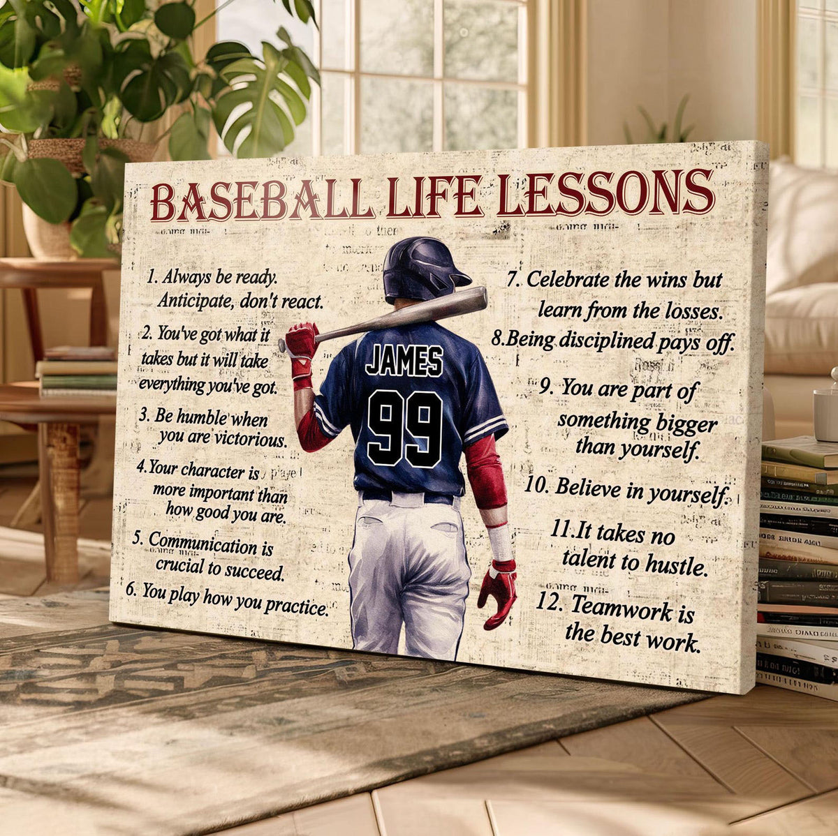 Personalized Baseball Life Lessons Canvas with Custom Name and Number Inspirational Wall Art for Players and Fans