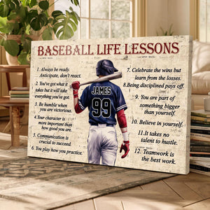 Personalized Baseball Life Lessons Canvas with Custom Name and Number Inspirational Wall Art for Players and Fans