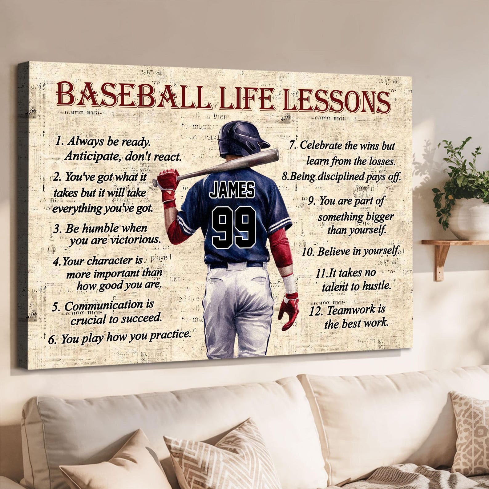 Personalized Baseball Life Lessons Canvas with Custom Name and Number Inspirational Wall Art for Players and Fans