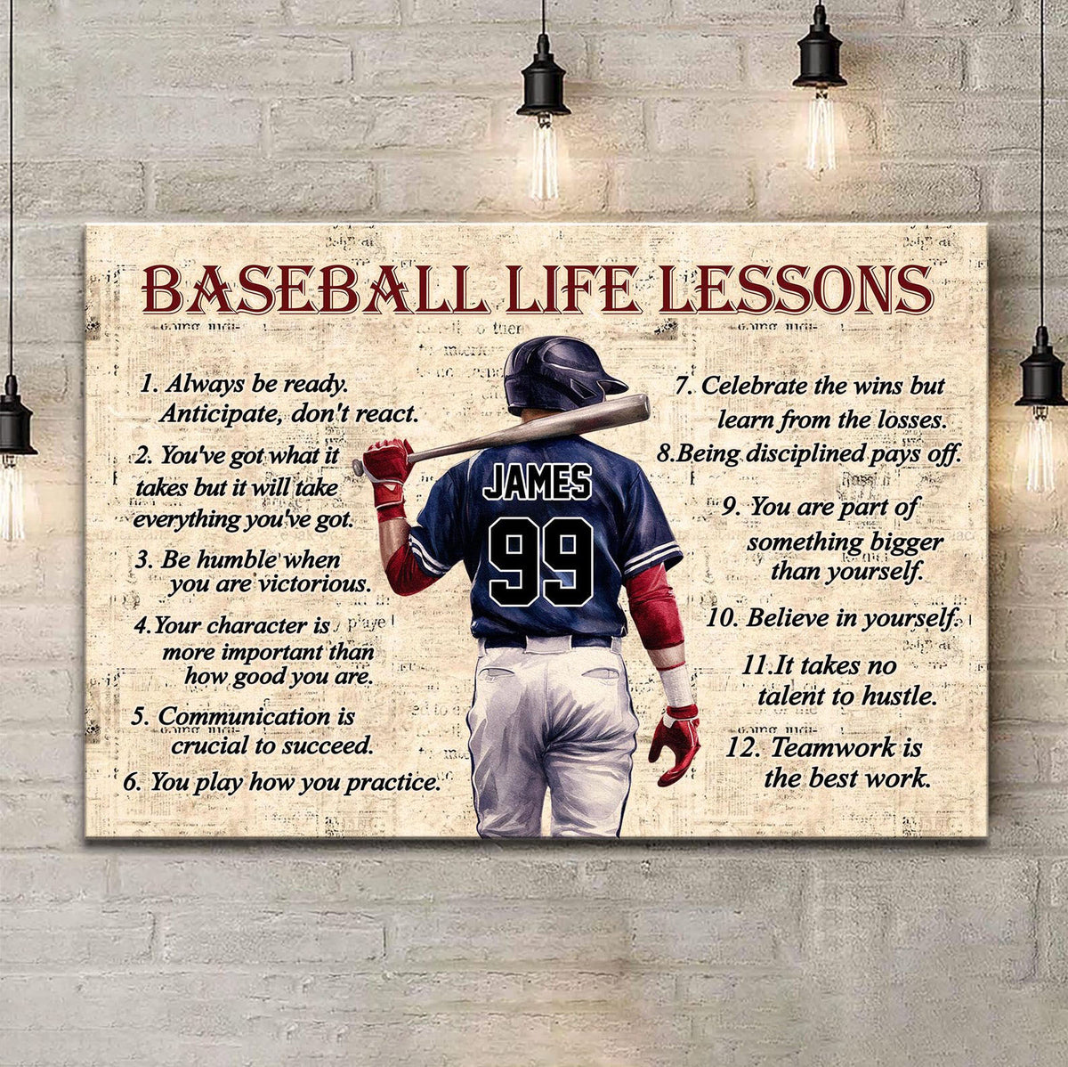 Personalized Baseball Life Lessons Canvas with Custom Name and Number Inspirational Wall Art for Players and Fans