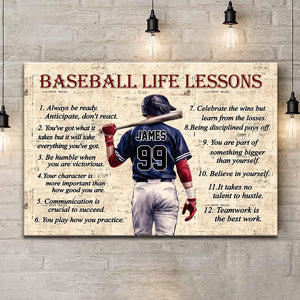 Personalized Baseball Life Lessons Canvas with Custom Name and Number Inspirational Wall Art for Players and Fans