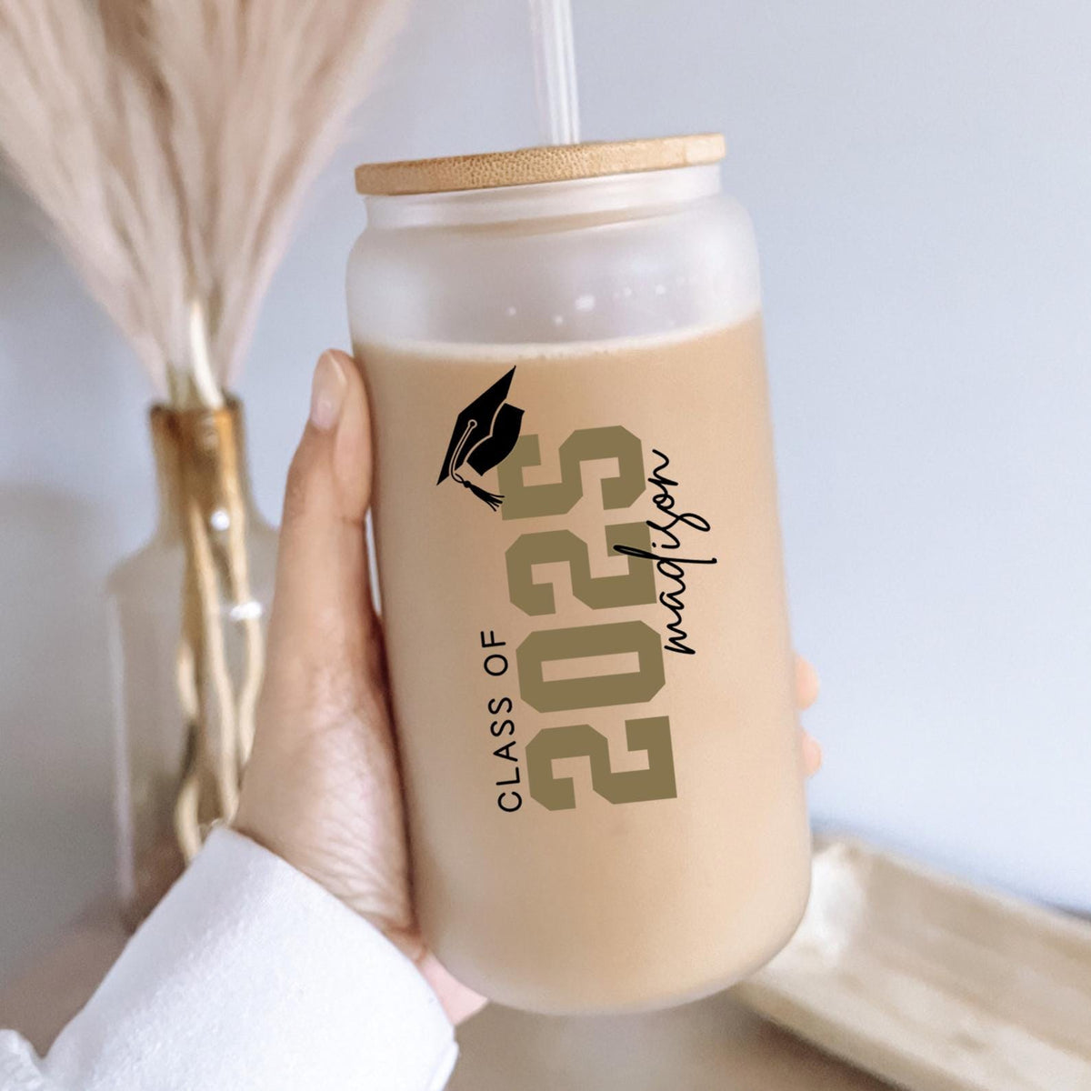 Behind you All Your Dreams Glass Tumbler, Graduation Iced Coffee Cup, Graduation Glass Can with Lid and Straw