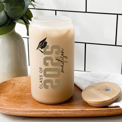 Behind you All Your Dreams Glass Tumbler, Graduation Iced Coffee Cup, Graduation Glass Can with Lid and Straw
