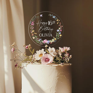 Wildflower Birthday Cake Topper, Acrylic Cake Toppers for Birthday, Sweet 16 Birthday Cake Topper for Girl, Custom Name Happy Birthday Acrylic Decor