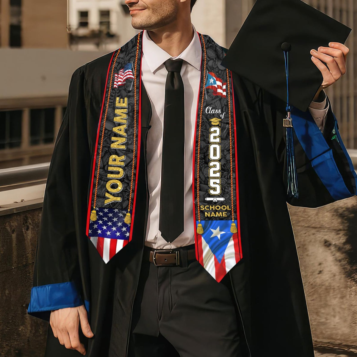 Personalized Puerto Rico Graduation Sash 2025, Puerto Ricans American Flag Graduation Sash 2025, Puerto Rico Graduation Gift Stole 2025