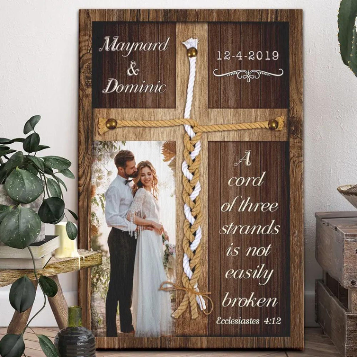 Personalized Couples Canvas - Three Strands Cord of Marriage - Christian Wedding Gift - Custom Anniversary Gift for Couples, Valentines Gift