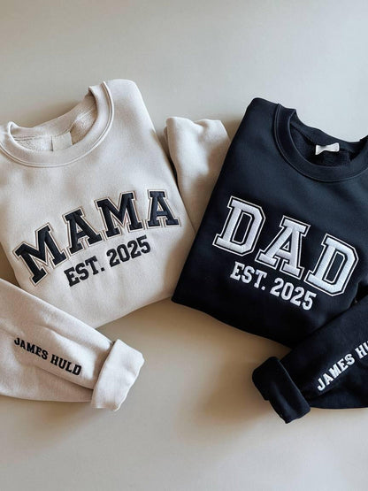 Personalized Mama & Dad Embroidered Sweatshirt, Custom Embroidery Sweatshirt, Matching New Mom and Dad Outfit Gift, Mother day, Father's Day