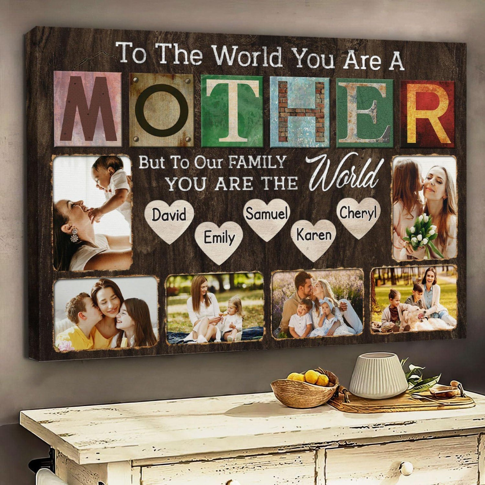 Custom Canvas For Mom, Personalized Mothers Day Gifts, Mom Birthday Gifts Canvas Wall Art, Mother You Are The World, Personalized Mom Canvas