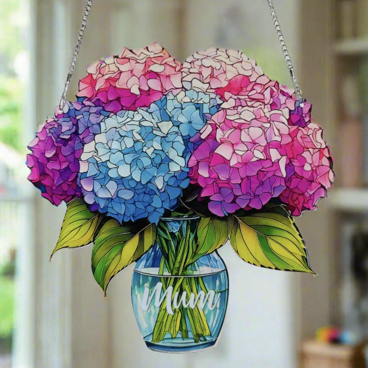Everlasting Hydrangea in Vase, Personalized Mama, Nana, Grandma, Mimi Gift, Custom Stained Glass Art Suncatchers, Mothers Day Gift