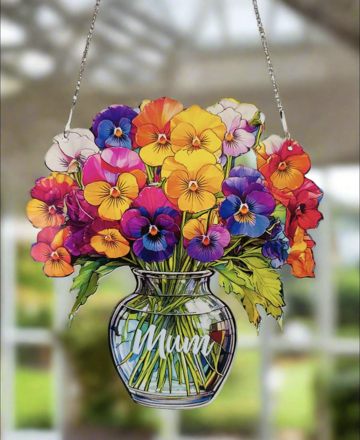 Everlasting Pansies in Vase, Personalized Mama, Nana, Grandma, Mimi Gift, Custom Stained Glass Art Suncatchers, Mothers Day Gift