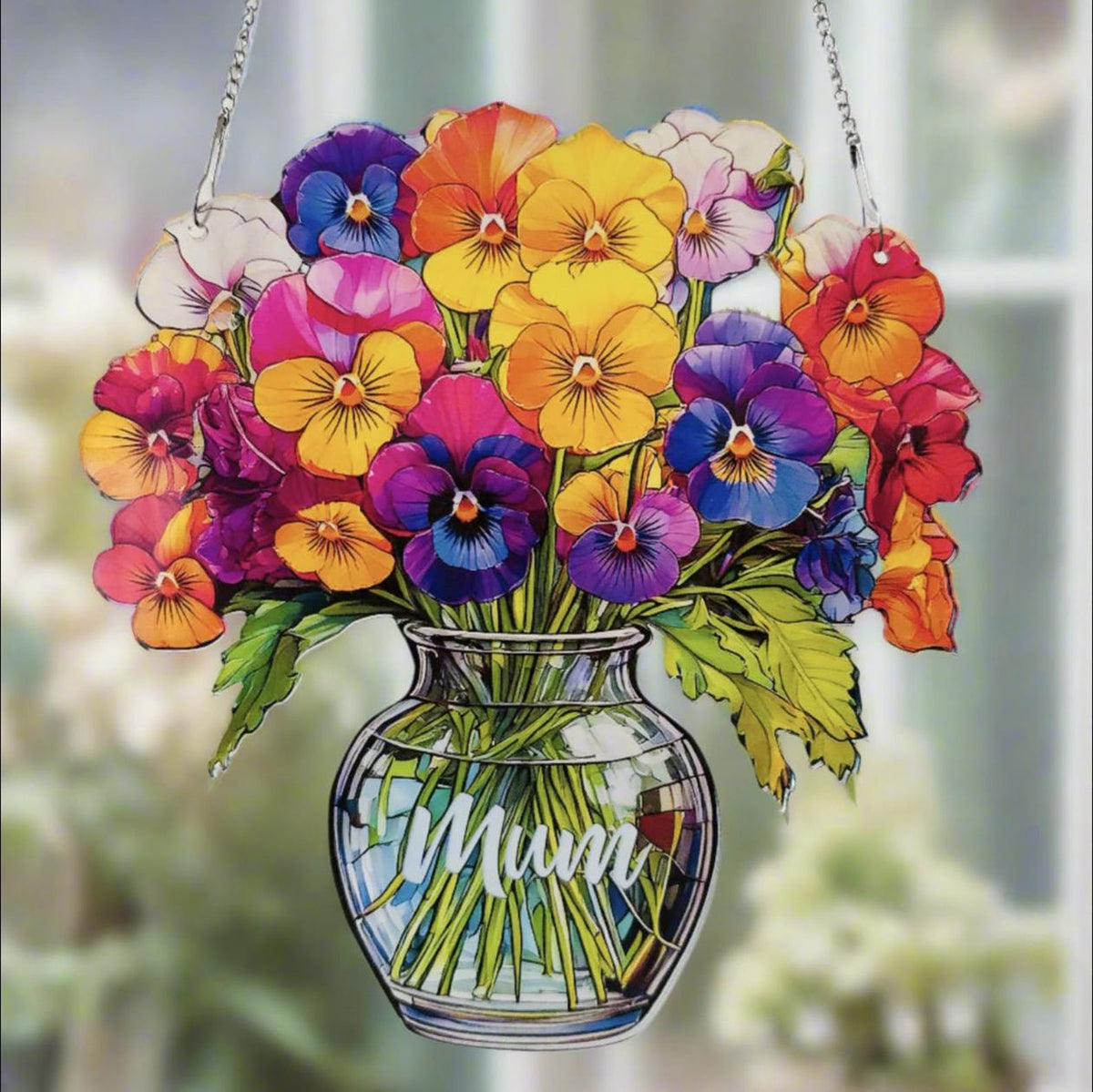 Everlasting Pansies in Vase, Personalized Mama, Nana, Grandma, Mimi Gift, Custom Stained Glass Art Suncatchers, Mothers Day Gift