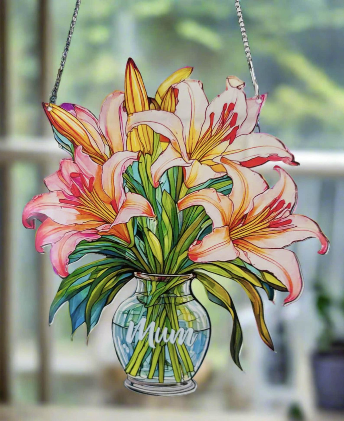 Everlasting Lilys in Vase, Personalized Mama, Nana, Grandma, Mimi Gift, Custom Stained Glass Art Suncatchers, Mothers Day Gift