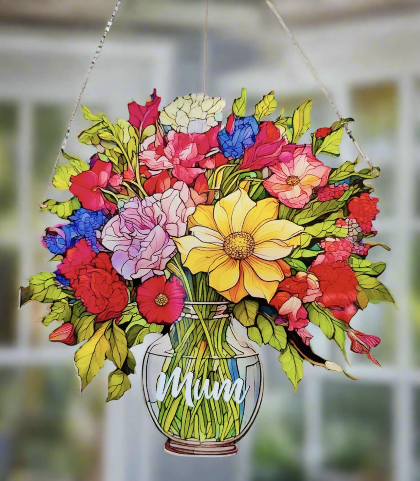 Everlasting Mixed Flowers in Vase, Personalized Mama, Nana, Grandma, Mimi Gift, Custom Stained Glass Art Suncatchers, Mothers Day Gift