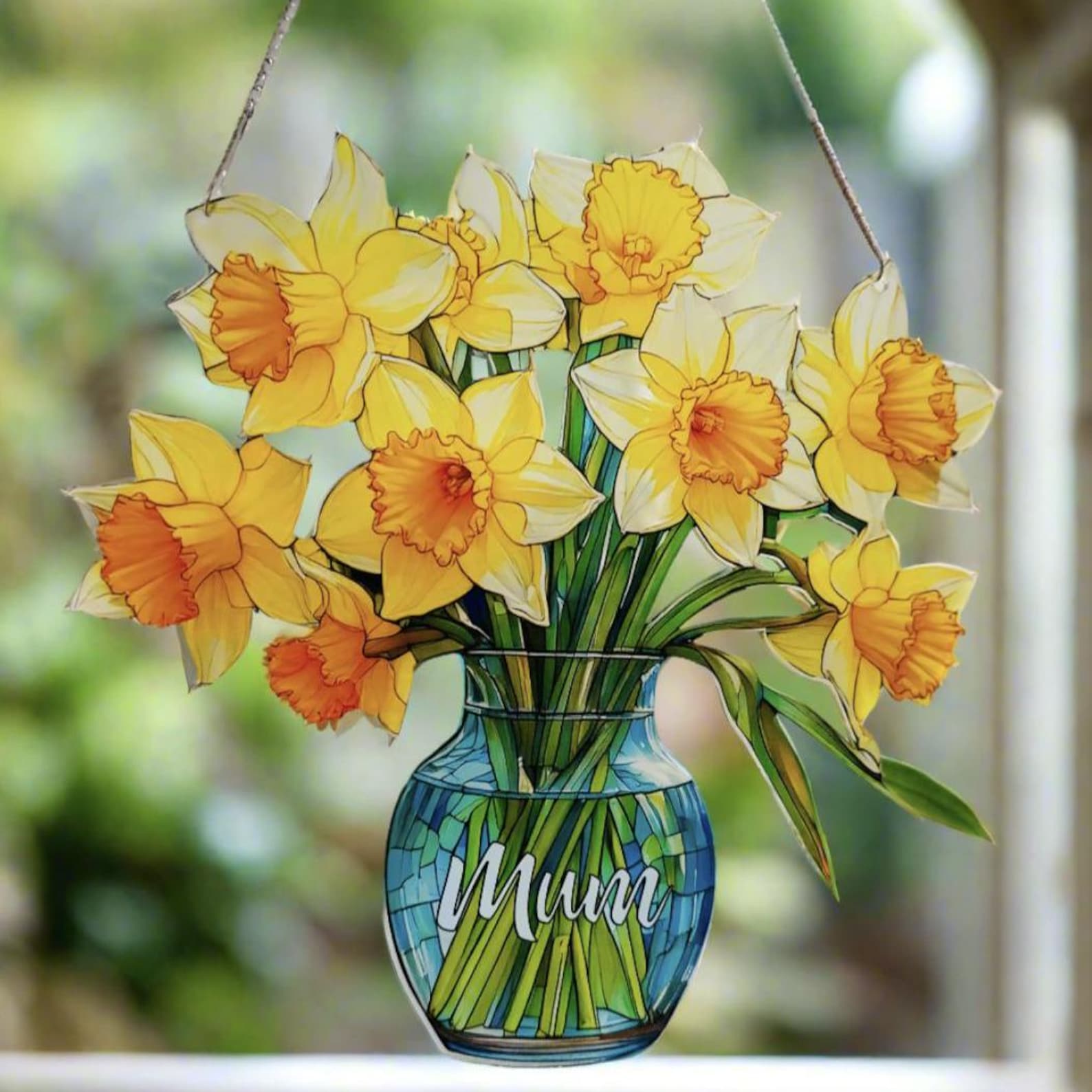 Everlasting Daffodils in Vase, Personalized Mama, Nana, Grandma, Mimi Gift, Custom Stained Glass Art Suncatchers, Mothers Day Gift