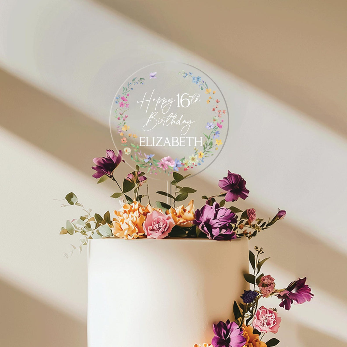 Wildflower Birthday Cake Topper, Acrylic Cake Toppers for Birthday, Sweet 16 Birthday Cake Topper for Girl, Custom Name Happy Birthday Acrylic Decor