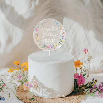 Wildflower Birthday Cake Topper, Acrylic Cake Toppers for Birthday, Sweet 16 Birthday Cake Topper for Girl, Custom Name Happy Birthday Acrylic Decor
