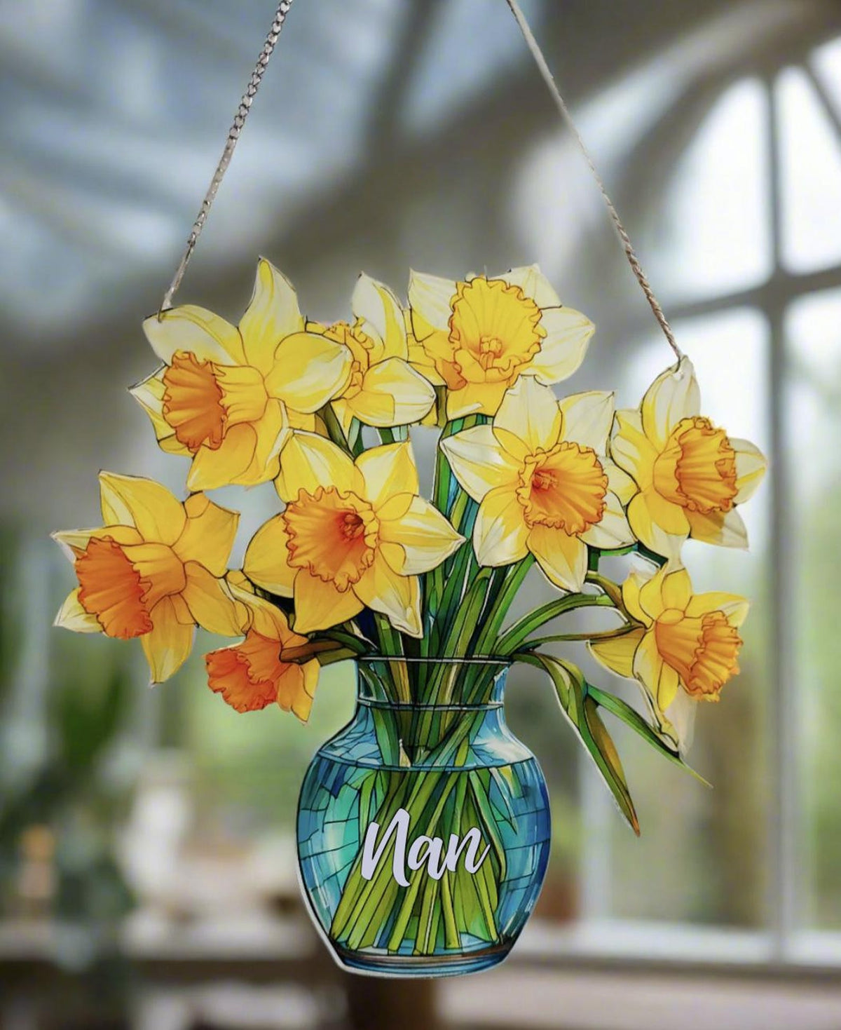 Everlasting Daffodils in Vase Nan/Gran, Personalized Mama, Nana, Grandma, Mimi Gift, Custom Stained Glass Art Suncatchers, Mothers Day Gift