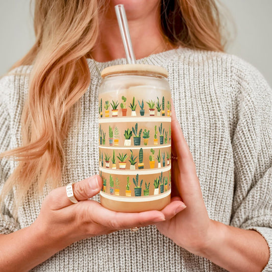 Succulent Glass Tumbler, Cactus and Houseplant Iced Coffee Glass Cup with Lid and Straw, Plant Lover Gift