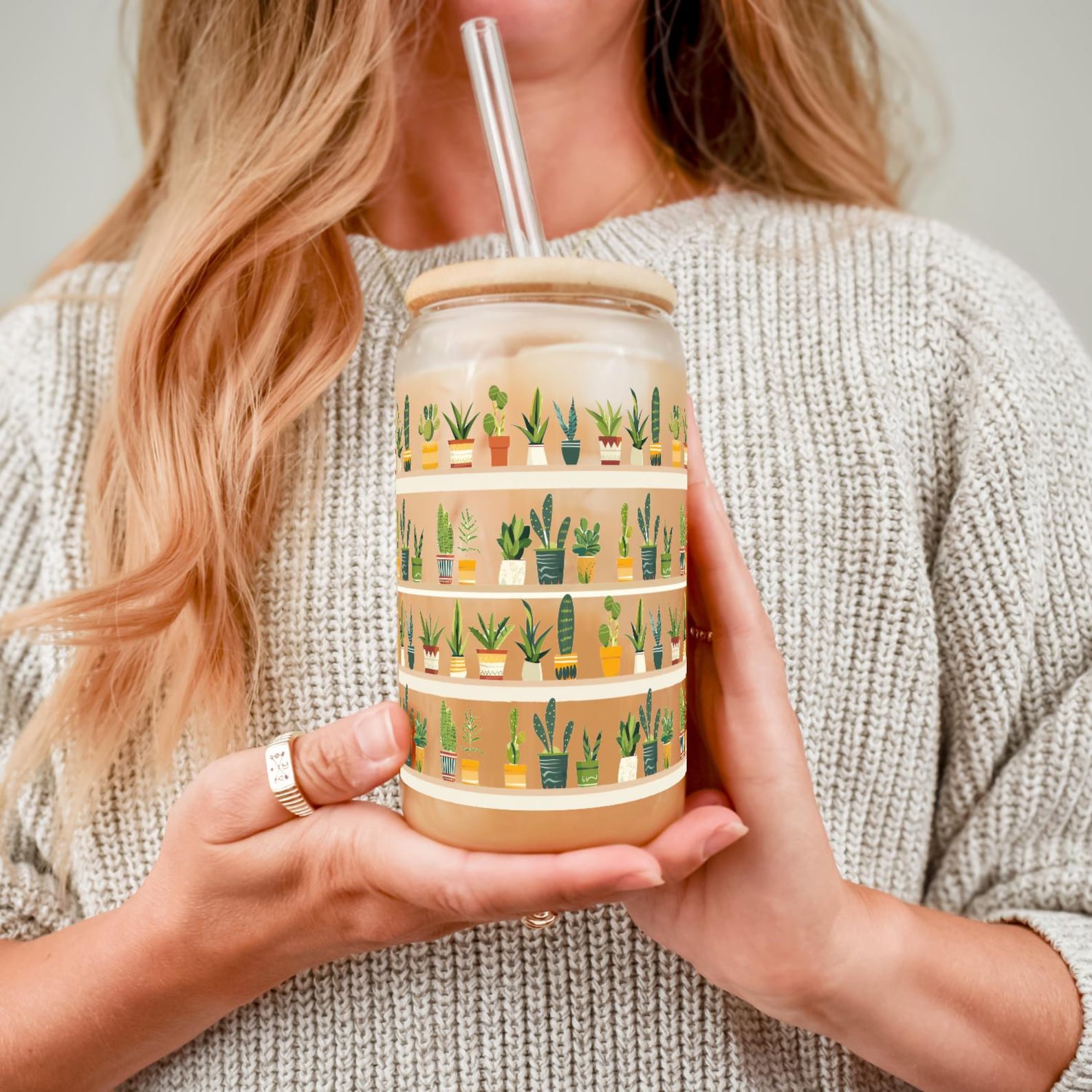 Succulent Glass Tumbler, Cactus and Houseplant Iced Coffee Glass Cup with Lid and Straw, Plant Lover Gift