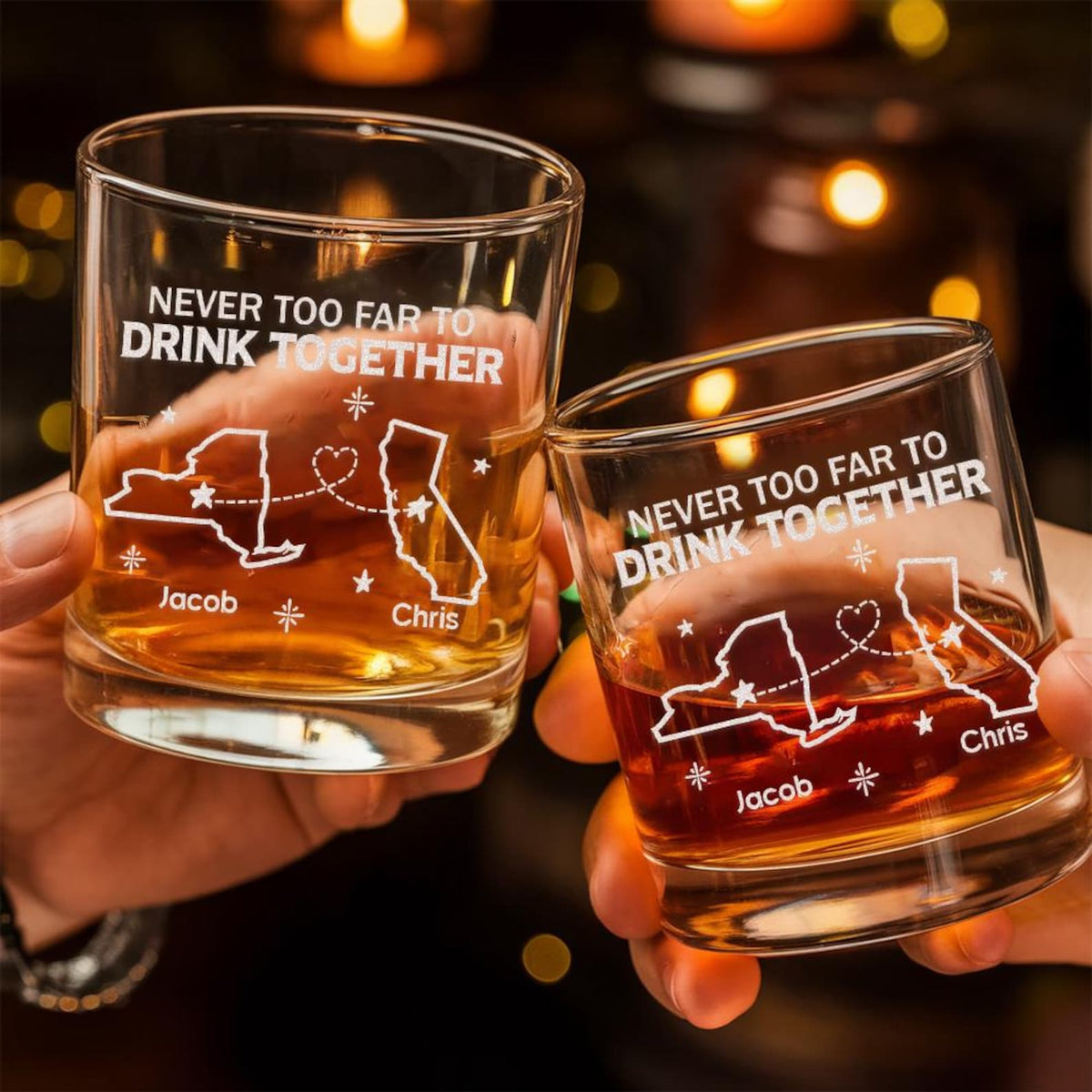 Personalized Never Too Far To Drink Together Wine Glass Custom Long Distance Friends Whiskey Cup Birthday Gift For Him Friends Engraved Cups