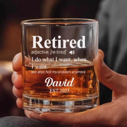 Personalized Retirement Definition Whiskey Glass - Retirement Whiskey Glass Cup - Funny Retired Gifts for Mom Dad Men Woman - Engraved Cups