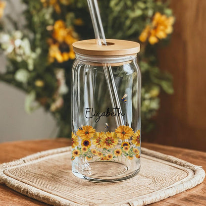 Personalized Sunflower & Bees Floral Iced Coffee Cup, Wildflower Tumbler, Gift For Her
